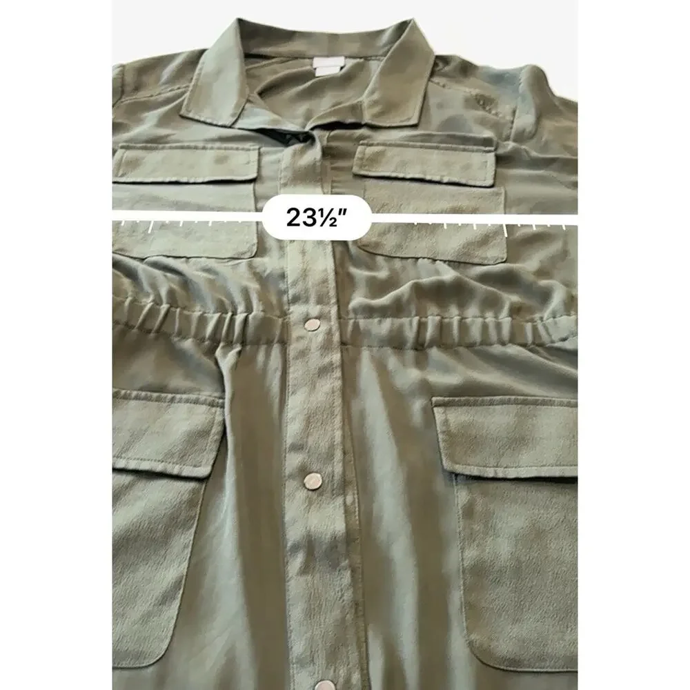 Chicos Semi Sheer Cargo Blouse 4 Front Pockets Olive Size 16 PETITE Snap Closure